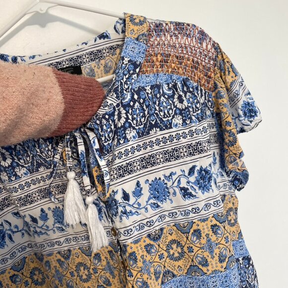 MACKENZIE JAMES Plus Size Blue White Floral Striped Boho Tie Neck Peasant Blouse - Picture 7 of 13